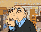 a cartoon of a man standing in front of a sign that says ice cream cold drinks