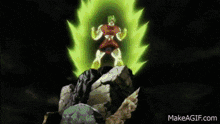 a cartoon character with green hair is sitting on the ground with makeagif.com in the corner