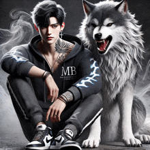 a man wearing a hoodie that says mb is kneeling next to a wolf