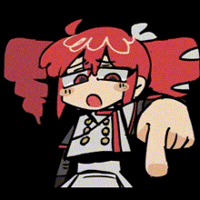 a cartoon of a girl with red hair pointing her finger at the camera .