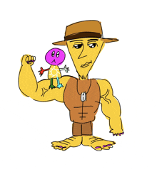 a cartoon drawing of a man with a hat and a purple turtle on his arm