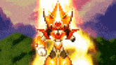 a pixel art of a robot with fire coming out of it