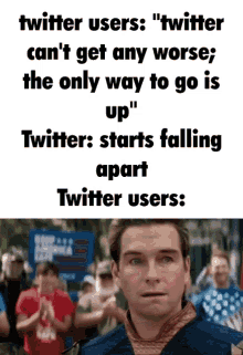 a man stands in front of a crowd of people with a meme about twitter