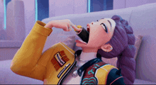 a girl with purple hair and a yellow jacket that says " rhythm " on it