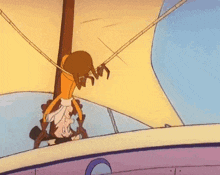 a cartoon of a man hanging upside down on a sailboat