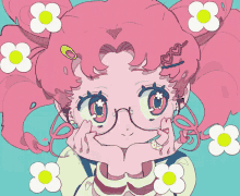 a girl with pink hair and glasses is surrounded by yellow flowers