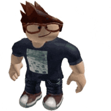 a roblox character with glasses and a black shirt is standing on a white background .