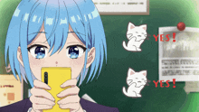 a girl with blue hair is holding a yellow cell phone with a cat sticker on it that says yes