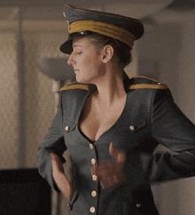 a woman in a military uniform with a very plunging neckline
