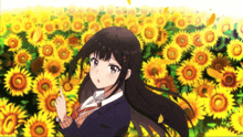 a girl is standing in a field of sunflowers