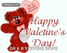 a red teddy bear is holding a heart shaped balloon and says happy valentine 's day