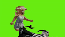 a girl in a hat is standing on a skateboard on a green screen .