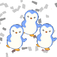 three blue and white penguins standing next to each other