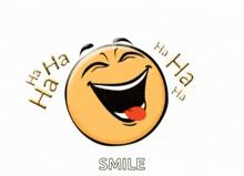 a cartoon smiley face is laughing with its tongue out and the words `` smile '' around it .