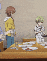 a girl with green hair is preparing food at a table