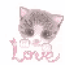 a pixelated image of a cat with the word love written in pink .