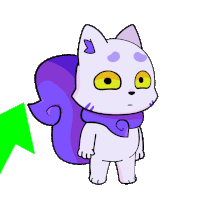 a cartoon cat with a purple tail is standing in front of a green arrow