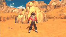 a cartoon character is standing in a desert with a mountain in the background