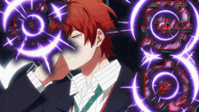 a man with red hair is surrounded by purple lights