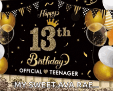 a happy 13th birthday sign with balloons and confetti