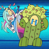 a cartoon drawing of a girl and a monster with the letter h on it