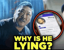 a man is holding a cell phone with a picture of wong on it