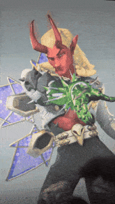 a devil with horns is holding a green dragon in his hands