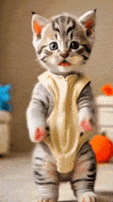 a kitten wearing a yellow vest is standing on its hind legs .