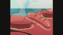 a cartoon of hamburgers and a sausage on a beach