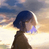 a girl with blue hair is wearing headphones and a backpack