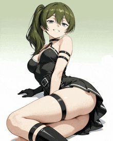 a girl with green hair is sitting on the floor