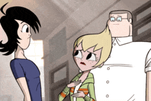 a group of cartoon characters are standing in a hallway talking to each other