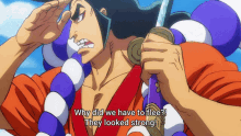 a man holding a sword with the words why did we have to flee they looked strong below him