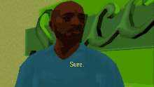 a pixelated image of a man with a mustache and the word sure on the bottom right