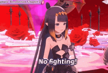 a cartoon character says no fighting in front of red roses
