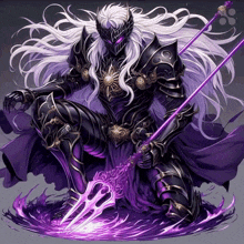 a knight with long white hair and a purple trident