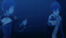 two anime characters are standing next to each other and one has the letter g on her arm