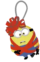 a yellow minion wrapped in a red ribbon and tied with a red bow