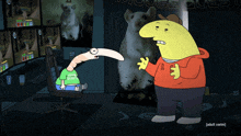 a cartoon character wearing a mouse quest shirt