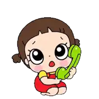 a cute cartoon girl is talking on a green phone .