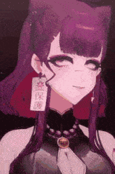 a girl with purple hair has a chinese symbol on her earring