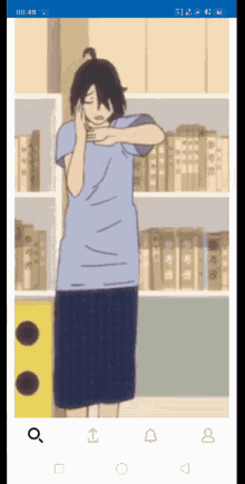 a phone screen shows a cartoon of a girl covering her face
