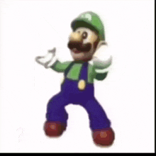 a cartoon character in a green jacket and purple pants is standing on a white surface .