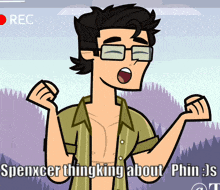 a cartoon of a man with glasses and the words " spencer thingking about phin "
