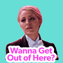 a woman in a tuxedo and bow tie says " wanna get out of here "