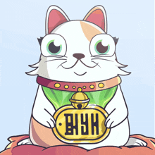 a cartoon cat holding a coin with the letters bhh on it
