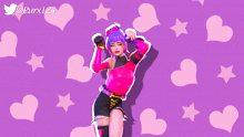 a girl in a pink and black outfit is dancing in front of pink hearts and stars