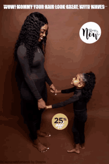 a woman and a little girl are holding hands with a sign that says 25% off