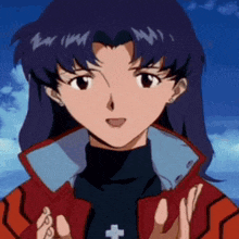 the girl is wearing a red jacket and a black turtleneck and has a cross on her chest .