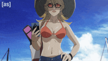 a cartoon of a woman in a bikini holding a cell phone with the letters as on the bottom right